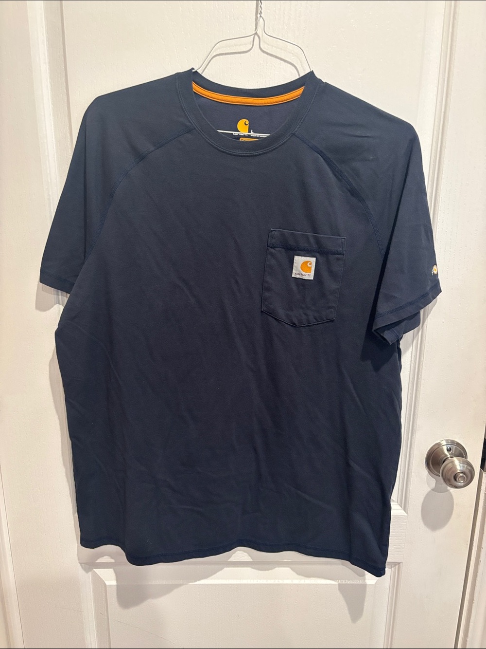 Carhartt Short-Sleeve Pocket Tee in Navy with Orange Trim